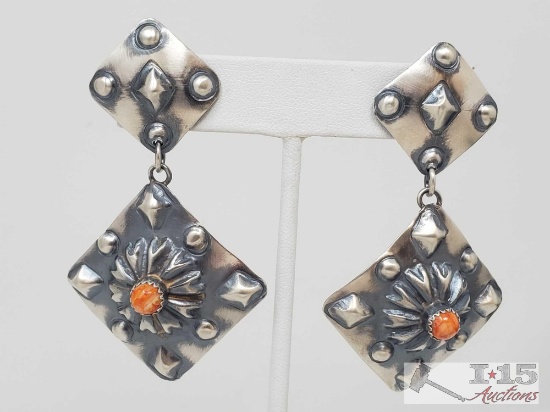 Beautiful Tim Yazzie Sterling Silver and Spiny Oyster Earrings, 15.6g