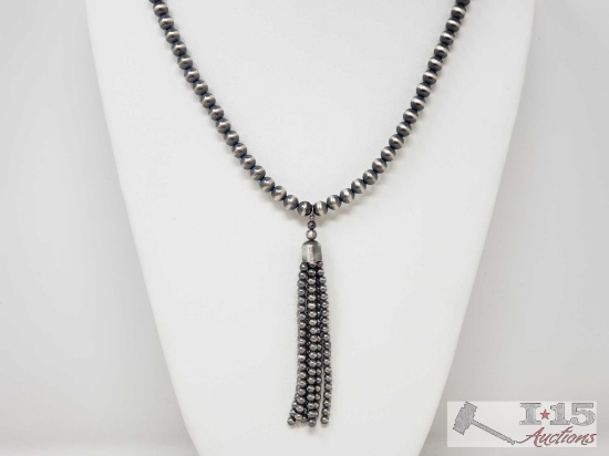 Handmade Sterling Silver Native American Pawn Bead Necklace with Tassel