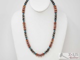 Native American Hand Beaded Spiny Oyster, Turqouse and Sterling Silver Pawn Beads Necklace