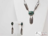 Native American Artist Marked Sterling Silver Feather and Turquoise Stone Necklace Set, 53.4g