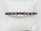 Artist Marked Native American Sterling Silver and Coral Stone Bangle Bracelet