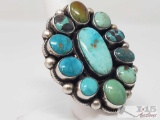 Original Kathleen G Marked Chunky Sterling Silver and Turquoise Cluster Ring in a size 8