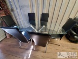 Glass Dinner Table w/ Metal and Stone Base & Six Chairs