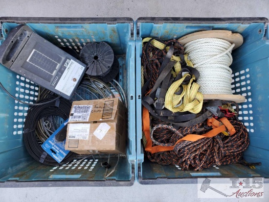 Electric Fence Controller w/ Wire and Equip., and Misc Tote of Ropes and Tie Downs
