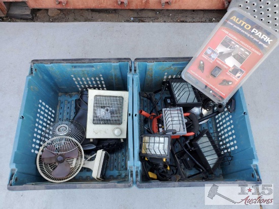 Four Work Lights, Two Fans, Pair of Rain Boots, and Laser Guided Parking Set