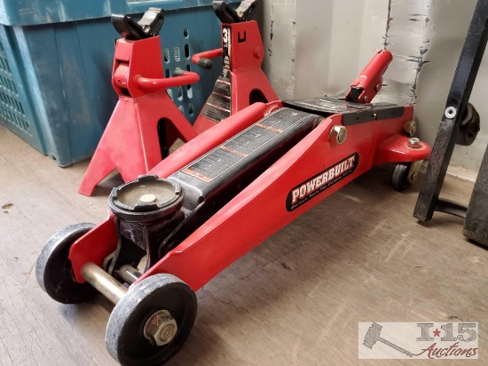 Power Built 3 Ton Floor Jack and Two Jack Stands