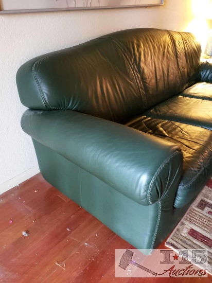 Green Leather Couch and Armchair
