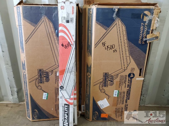 Three 4 Lamp Lay-In Troffer and two Wrap Lite Troffers