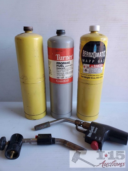 Three 14-16oz Propane Cans and Two Torch Heads