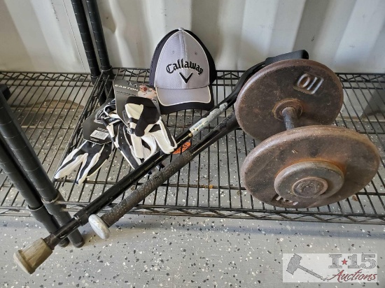 Baseball gloves, golf hat, Baseball bat, cane and 20lb weight