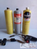 Three 14-16oz Propane Cans and Two Torch Heads