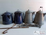Four Large Vintage Coffee Pots and Hooks