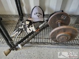 Baseball gloves, golf hat, Baseball bat, cane and 20lb weight