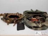 Camo BackPack and OD Green Military Bag w/ Misc. Tools