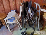 Wheel Chair, Walker, Cane and Two Shower Chairs