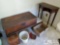Large wood trunk, desk, small stool, and various baskets and jewelry box