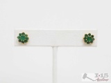 Pair of 18k Gold & Emerald Pierced Earrings, Tested, 2.5g