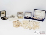 Lot of Costume Jewelry; Pearl Necklaces, brooches, earrings, ring, and Pendant/fob