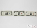 1 Blue Seal $1 Bill and 2 Red Seal $2 Bills