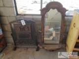 Carved Wood Decor Piece and Wood Mirror w candle fixtures