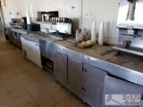 Stainless Steel Restaurant Tables/Storage, and Kelvinator Freezer, Soda Fountain, Coffee Maker, and