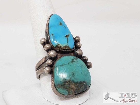 Authentic Old Pawn Turquoise Native American Sterling Silver Ring, 10.5