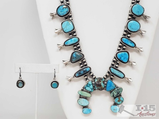 Authintic One of A Kind Artist Marked Sterling Silver and Turquoise Squash Blossom SET