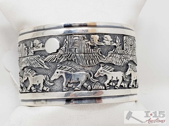 Signed By Artist Native American Story Teller Sterling Silver Cuff Bracelet, 77.0