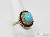 14K Gold Turquoise Diamond Sapphire Ring, 5.13