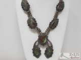 RARE Old Pawn Sterling Silver with Green Turquoise Stones Squash Blossom, era 1960s