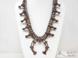 OLD PAWN Native American Sterling Silver Handmade Coral Necklace, 98.8g