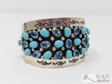 Vintage Sleeping Beauty Turquoise & Blue Topaz Sterling Silver Cuff Bracelet, 68.5g