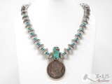 Sterling Silver Vintage Mercury Dime Beads Morgan Dollar Large Necklace, 213.8g