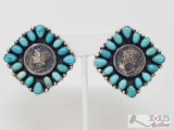 Artist Marked Amazing Pair of Sterling Silver and Turquoise Earrings with Authentic Mercury Dimes