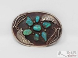 Native American Sterling Silver Turquoise Belt Buckle, 88.5