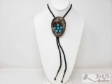 Turquoise and Coral Sterling Silver Native American Bolo Tie, 70g