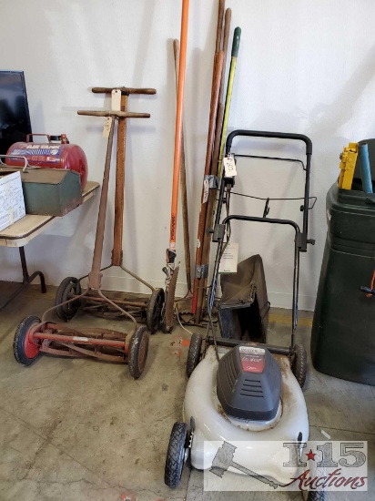 Electric push mower, two non-powered mowers, and garden tools