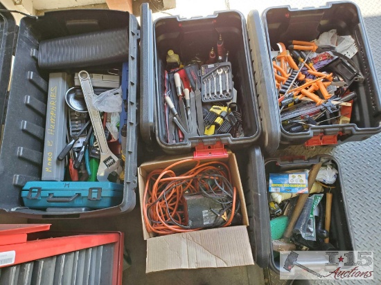 Large Lot of various Hand & Power tools and Plastic Totes
