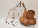 Hand-woven Basket, Dream Catcher with Sprit Stick made out of Antler and Feathers