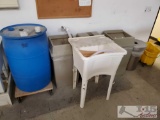 Utility Sink, Barrel, 4 Trash Cans and mop bucket