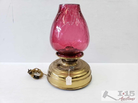 Brass-Base Electrified Oil Lamp w/ Glass Chimney