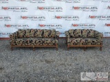 Floral Pattern Love Seat and Sofa w/ Wood Trim and Legs