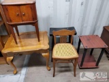 Wooden End Tables, Chair, Stool, and Small Cabinet