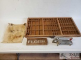 Antique Hanilton Co. Drawer, Union Pacific Water Sack, Flour Sign and Press
