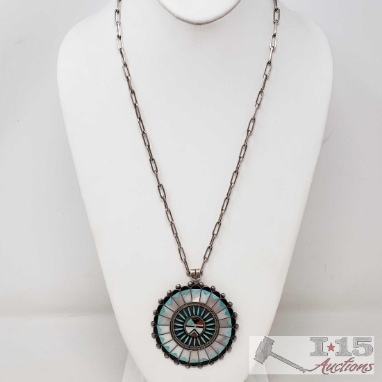 Rare Vintage Zuni Sun Face Sterling Inlay Pendent with Petit Point Turquoise & Chunky Sterling Chain