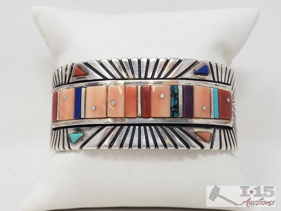 Sterling Silver Turquoise, Oyster, Coral in a Channel Setting Cuff Bracelet. Weighs Approx 106.7g