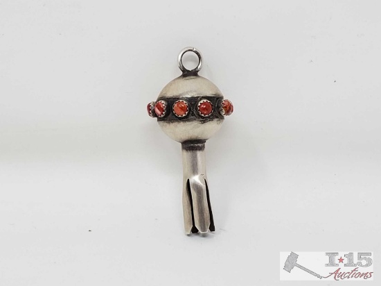 Native American Handmade Sterling Silver Blood Red Coral Pendant, 7.8