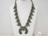ZUNI STERLING SILVER PETIT POINT TURQUOISE SQUASH BLOSSOM NECKLACE *Signed