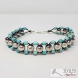 Native American Choker with Turquoise and Sterling Navajo Beads, 55.7