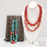 3 Coral and Turquoise With Sterling Silver Clasp Necklaces Comes With Jewelry Stand